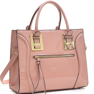 Dasein Structured Faux Patent Leather Satchel with Zipper Front Pocket
