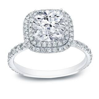 Auriya 18k White Gold 3ct TDW Cushion-cut Certified Diamond Double Halo Engagement Ring (H-I,VS1-VS2)