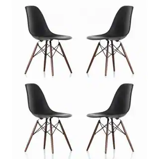 Contemporary Retro Molded Eames Style Black Accent Plastic Dining Shell Chair with Dark Walnut Wood Eiffel Legs (Set of 4)
