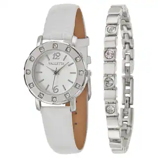 Valletta Women's 'Crystal' Stainless Steel Quartz White Synthetic Leather Watch