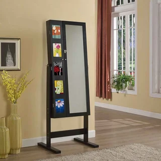 Artiva USA 63-Inches Deluxe Double Doors Java Black Jewerly Armoire Chevor Mirror with Photo Frame