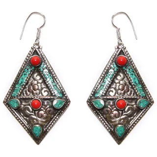 Silvertone Turquoise and Coral Diamond-shaped Earrings (Nepal)