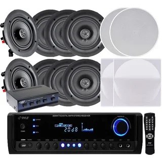 Pyle KTHSP390 300W Receiver/ Amplifier with 4 Pairs of 150W 5.25-inch In-Ceiling Speakers and Speaker Selector
