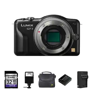 Panasonic DMC-GF3 Black Digital Camera (Body Only) with 2 Batteries/ 32GB Card and Flash Bundle