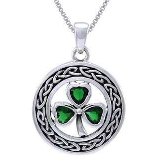 Carolina Glamour Collection Sterling Silver Celtic Clover Emerald Green Glass Crystals Necklace
