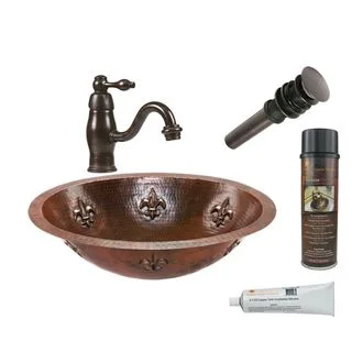 Premier Copper Products Oval Fleur De Lis Under Counter Hammered Copper Sink with Orb Single Handle Faucet