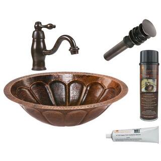 Premier Copper Products Oval Sunburst Under Counter Hammered Copper Sink with Orb Single Handle Faucet