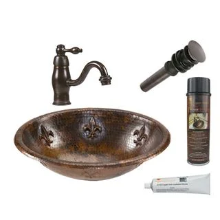 Premier Copper Products Oval Fleur De Lis Self Rimming Hammered Copper Sink with Orb Single Handle Faucet