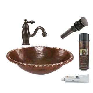 Premier Copper Products Oval Roped Rim Self Rimming Hammered Copper Sink with Orb Single Handle Faucet