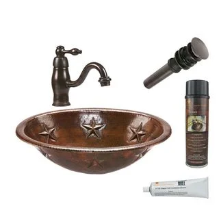 Premier Copper Products Oval Star Self Rimming Hammered Copper Sink with ORBSingle Handle Faucet