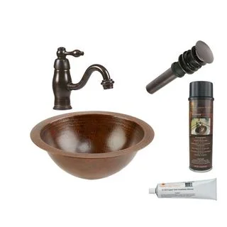 Premier Copper Products Small Round Hammered Copper Sink with Orb Single Handle Faucet