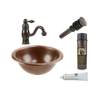 Premier Copper Products Small Round Self Rimming Hammered Copper Sink with Orb Faucet