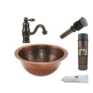 Premier Copper Products Small Round Under Counter Hammered Copper Sink with Orb Single Handle Faucet