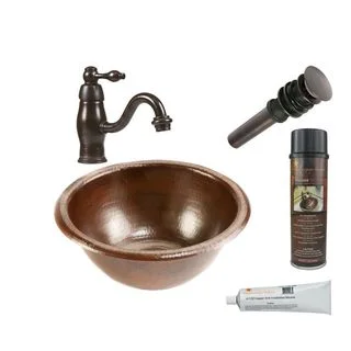 Premier Copper Products Small Round Self Rimming Hammered Copper Sink with Orb Single Handle Faucet