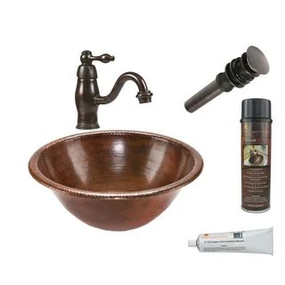Premier Copper Products Round Self Rimming Hammered Copper Sink with Orb Single Handle Faucet