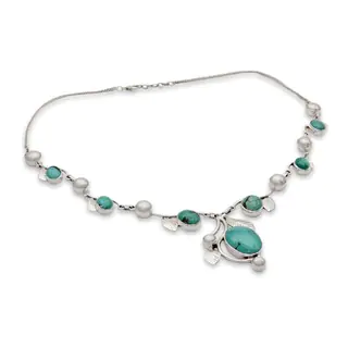 Handmade Sterling Silver Dew Blossom Turquoise Pearl Cable Style Necklace (6 mm) (India)