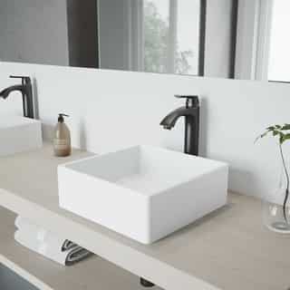 VIGO Dianthus Matte Stone Vessel Sink and Linus Antique Rubbed Bronze Bathroom Vessel Faucet with Pop up