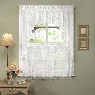 Luxurious Old World Style White Lace Kitchen Curtains Tiers, Shade and Valances