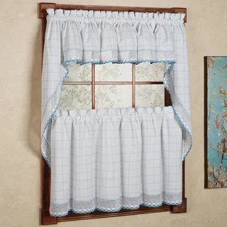 100-percent Cotton Classic White/ Blue Window Pane Pattern and Crotchet Trim Kitchen Curtains