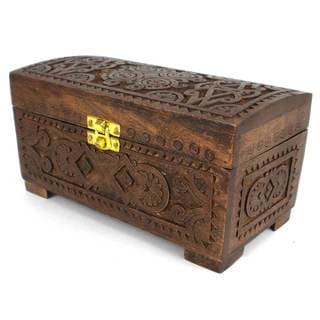 Handcrafted Carved Mango Wood Chest with Latch (India)