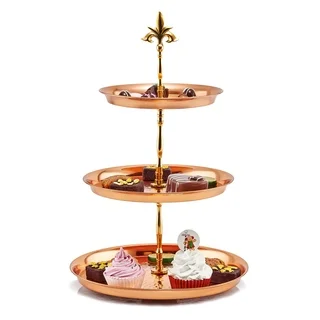 Three Tier Hammered Solid Copper Serving Stand with Brass Stem