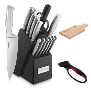 Cuisinart 15-Piece Stainless Steel Hollow Handle Block Set + Jokari Deluxe Knife Sharpener + Wooden Bread Board 3/4-Inch