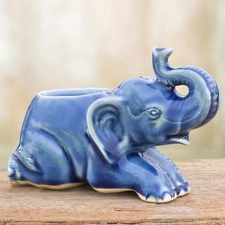 Celadon Ceramic 'Reclining Blue Elephant' Candleholder (Thailand)