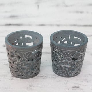 Set of 2 Handcrafted Soapstone 'Midnight Garden' Candleholders (India)