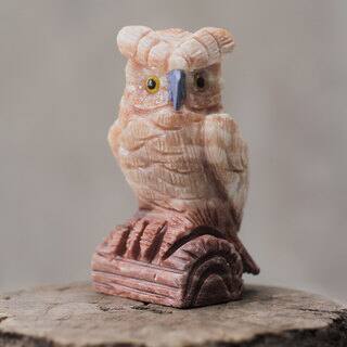 Handcrafted Calcite Sodalite 'Rosy Owl' Sculpture (Peru)