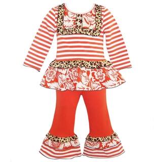AnnLoren Boutique Girls' Wild Orange Striped/ Leopard Ruffled Outfit
