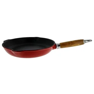 Red Cast Iron Frying Pan with Wood-handle