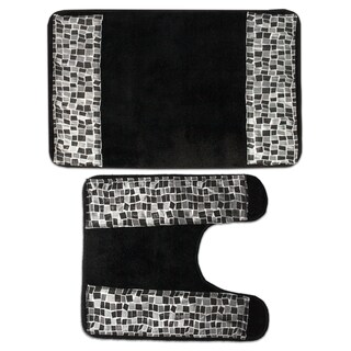 Classic Black and Silver Tile Patchwork Bath and Contour Rug Set or Separates