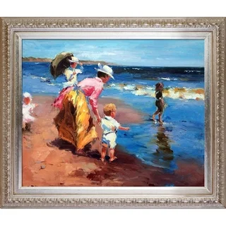 Edward Potthast 'At the Beach' Hand Painted Framed Canvas Art