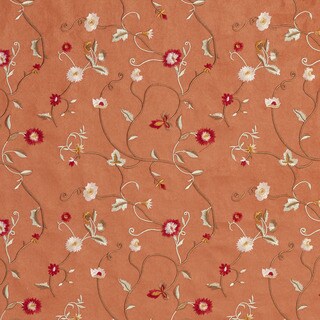 B143 Persimmon Light Green Ivory Red Embroidered Floral Suede Upholstery Fabric