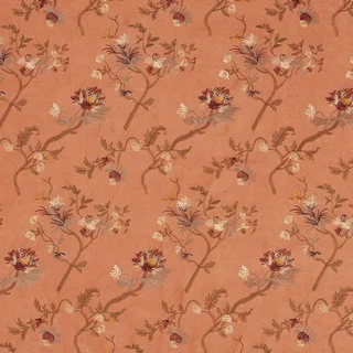 B119 Salmon Green Dark Brown Orange Embroidered Leaves Suede Upholstery Fabric