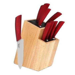 Melange 10-piece Metallic Red Ceramic Knife Set with 2-tier Wood Universal Knife Block