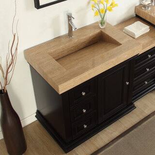 Silkroad Exclusive 55.5-inch Integrated Travertine Sink Bathroom Single Vanity with Drain on the Right