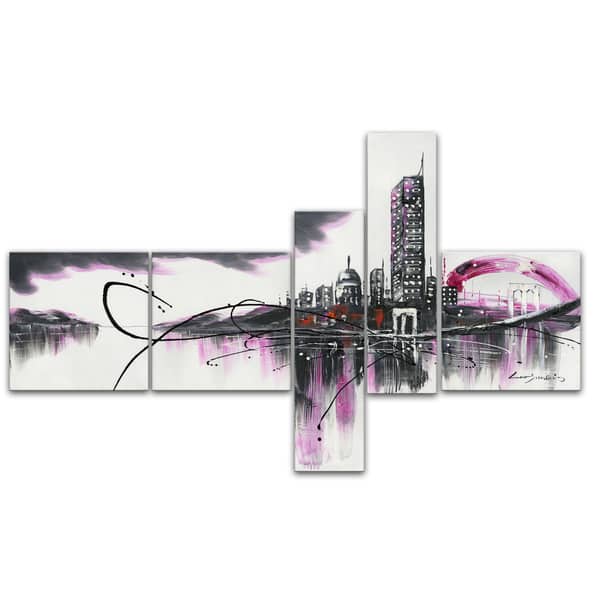 Design Art "Modern Purple Cityscape" 66 x 36-inch 5-panel Canvas Art Print