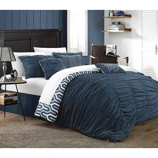 Chic Home Lester Navy Pleated Ruffled 7-piece Comforter Set