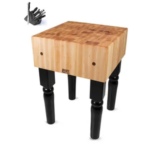 John Boos Black Finish Butcher Block 30 x 20 Table with Casters and Henckels 13-piece Knife Block Set