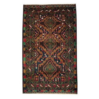 Herat Oriental Semi-Antique Afghan Hand-knotted Tribal Balouchi Navy/ Brown Wool Rug (3'10 x 6'4)