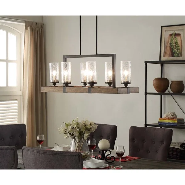 Vineyard Metal and Wood 6-Light Chandelier with Seeded Glass Shades