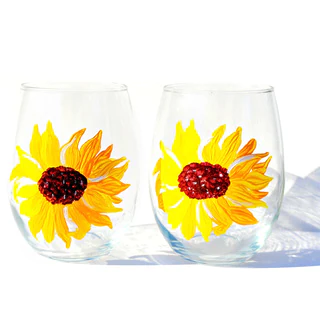 Yellow Sunflower 20-ounce Hand-painted Stemless Wine Glasses (Set of 2)