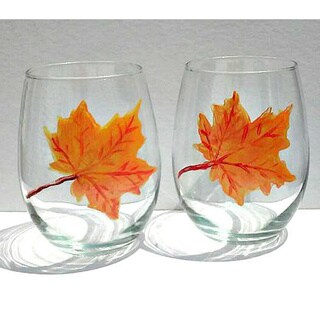 Autumn Fall Leaves Orange Hand-painted 20-ounce Stemless Wine Glasses (Set of 2)