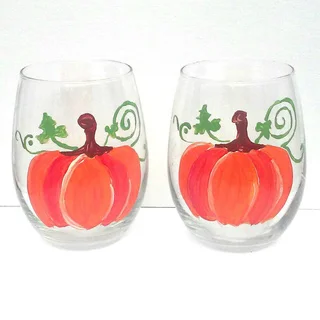 Autumn Pumpkin Fall Hand-painted 20-ounce Stemless Wine Glasses (Set of 2)