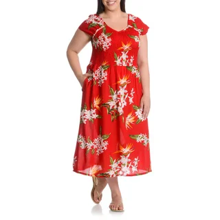 La Cera Women's Plus Size Tropical Floral Print Dress with Pockets
