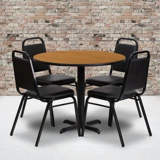 36-inch Round Natural Laminate Table Set with Four (4) Black Trapezoidal Back Banquet Chairs