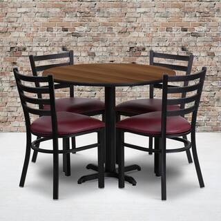 36-inch Round Walnut Laminate Table Set with Four (4) Burgundy Vinyl Seat Ladder Back Metal Chairs