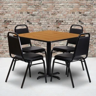 36-inch Square Natural Laminate Table Set with Four (4) Black Trapezoidal Back Banquet Chairs