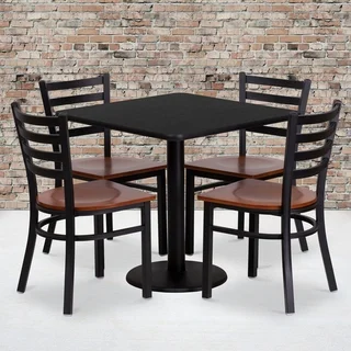30-inch Square Black Laminate Table Set with Four (4) Cherry Wood Seat Ladder Back Metal Chairs